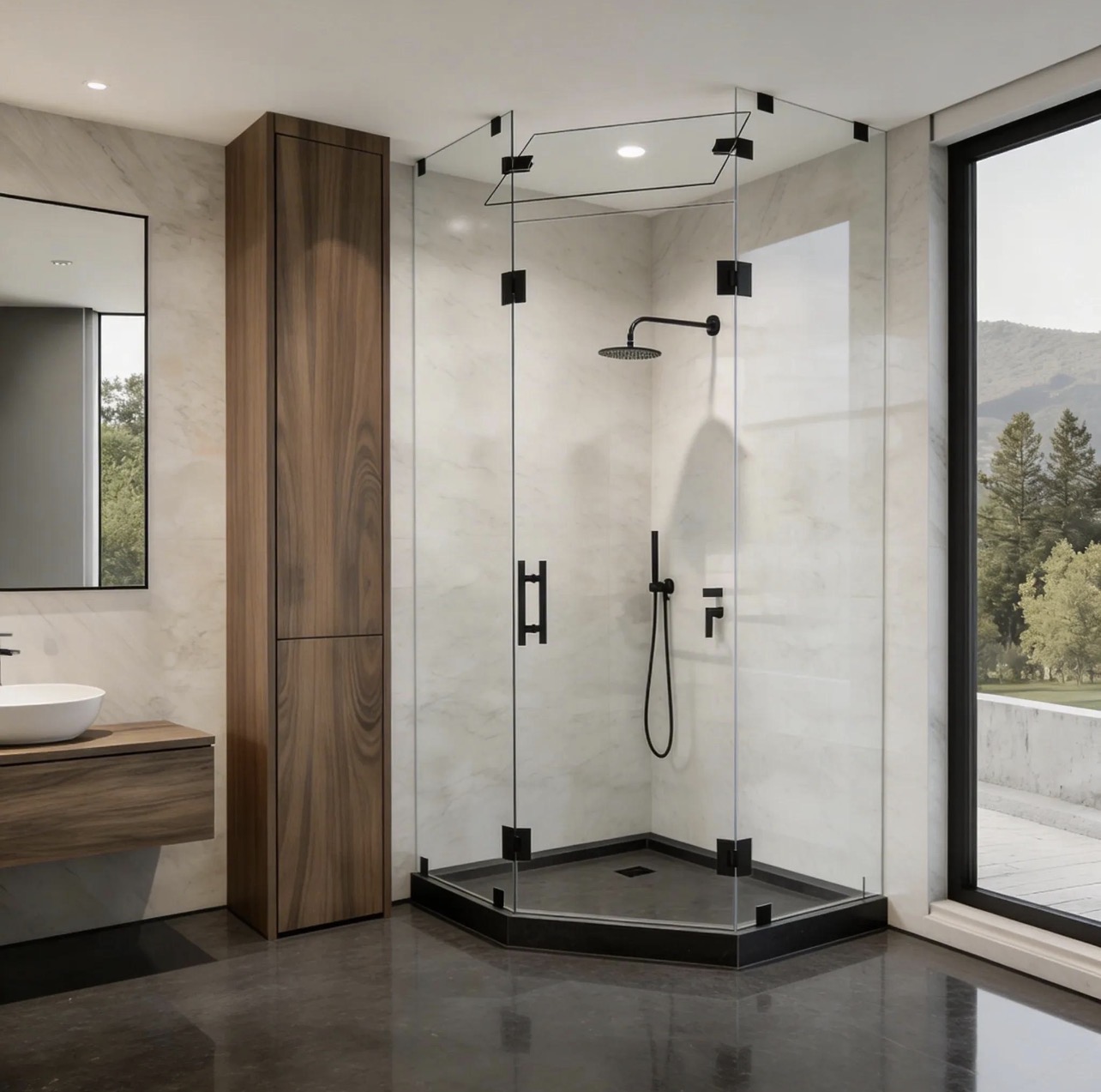 Corner frameless glass shower with dark fittings